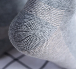 Vue macro de chaussettes en tricot gris à rayures brunes montrant le détail du talon