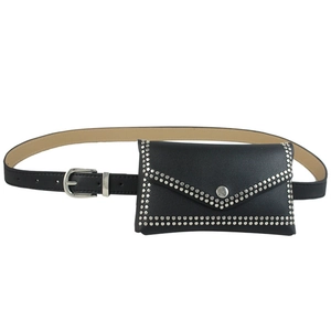 Minimalist black leather fanny pack with silver rivets and adjustable waist belt strap