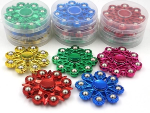 Macro shot of colorful metallic fidget spinners with steel balls in multiple vivid colors