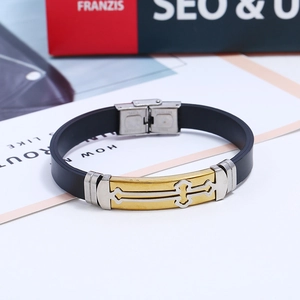 Men's black silicone cross bracelet with stainless steel buckle and gold-silver accents