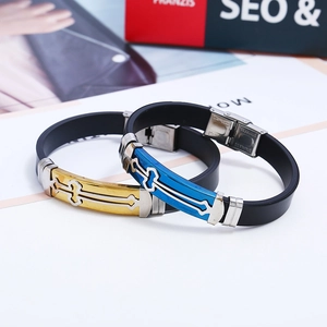 Men's stainless steel and black silicone cross bracelets in gold and blue finish