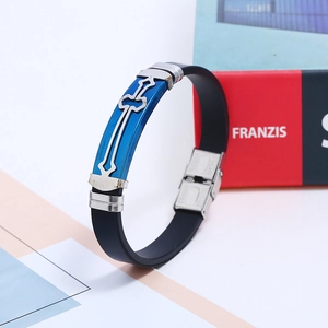 Men's black silicone bracelet with silver cross and blue metal bar details