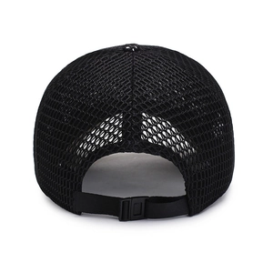 Rear view of black breathable mesh baseball cap with adjustable buckle for outdoors