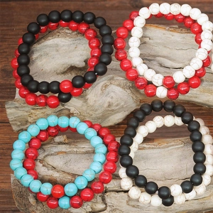 8mm black and white turquoise stone bead bracelets for couples on rustic wood