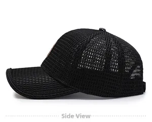 Side view of black mesh trucker hat showing breathable texture and adjustable strap