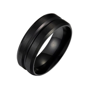 8mm wide black stainless steel ring with brushed matte finish and polished center groove