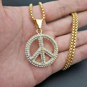 Titanium steel gold plated peace sign pendant necklace with iced out crystals and box chain