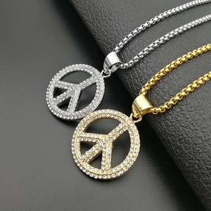 Hip hop peace sign pendant necklaces in gold and silver finish with sparkling rhinestones