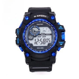 Detail showing G-SPORT digital watch with LED backlight and blue metallic accents