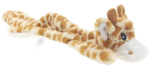 Detail of plush giraffe dog toy showing CE certification label and soft fabric texture