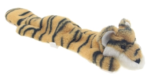Detailed view of long plush tiger dog toy with realistic orange and black stripe patterns