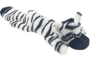Detailed top view of zebra striped plush dog toy with soft texture and squeaky interior