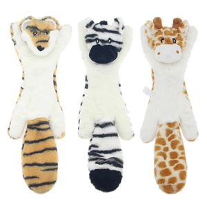 Detailed textures of tiger zebra and giraffe plush squeaky dog toys on white background
