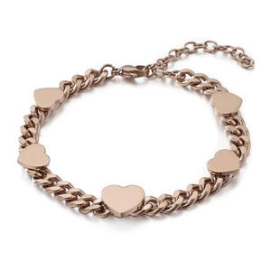 Bracciale con ciondoli a cuore in oro rosa con cinque pendenti lucidi e catena regolabile