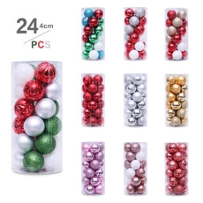 Detail showing 4cm Christmas balls in shiny and matte finishes with 24 pieces per box