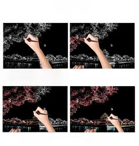 Step-by-step guide showing the scratching process of a city night landscape art card