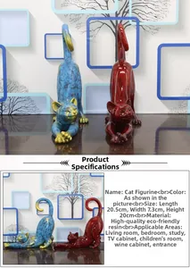 Detailed size specifications for blue and red resin cat figurines for home decor