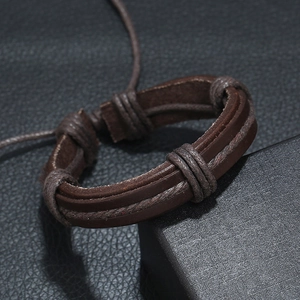 Multi-layer vintage dark brown leather braided bracelet with adjustable drawstring closure