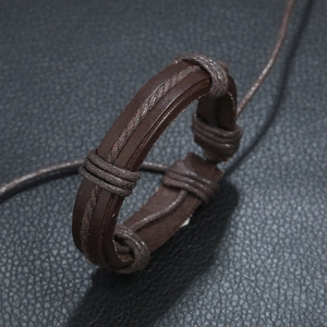 Vintage dark brown multi-layer braided leather bracelet with retro punk design