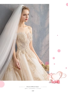 Close-up of champagne lace wedding dress featuring exquisite pearl beading and sequins
