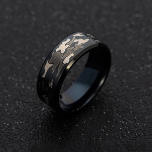 Macro shot of 8mm black stainless steel ring featuring a detailed camouflage inlay
