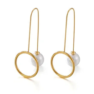Stainless Steel Drop Earrings With Shell Artificial Pearl Geometric Round Hoop Minimalist Long Dangle Elegant Fashion For Women
