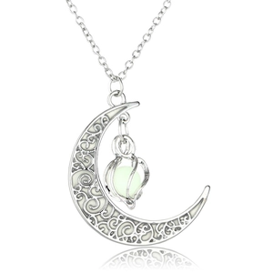 Luminous crescent moon necklace with hollow spiral pattern and glowing bead on white background