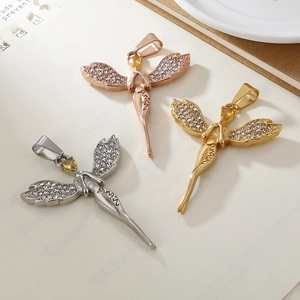 Three rhinestone-studded angel wing necklaces in rose gold, silver, and gold finishes