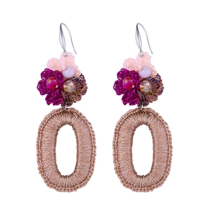 Bohemian handmade crochet drop earrings with purple flowers and large gold oval hoops