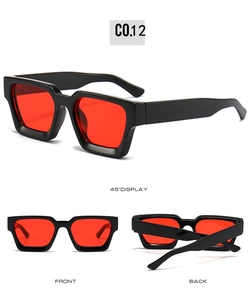 Detailed multi-angle views of black chunky square sunglasses with red tinted lenses