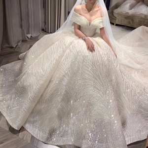 Off Shoulder Sequined Ball Gown Wedding Dress Bridal Gown Luxury Tulle Lace Champagne Ivory Long Train Formal