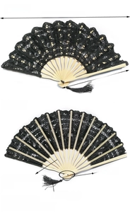 Detailed front and back views of a 21cm black lace folding fan with quality bamboo ribs