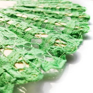 Elegant green lace folding fan with detailed bamboo frame shown on a white background