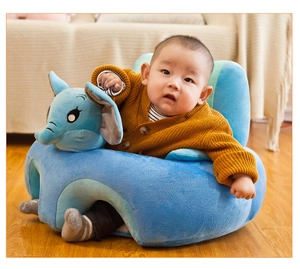 Close-up of elephant plush infant support chair with soft fabric and ergonomic design