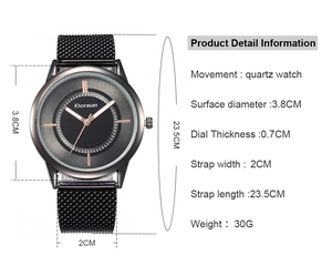 Detailed specifications for minimalist quartz watch with black Milanese mesh metal band