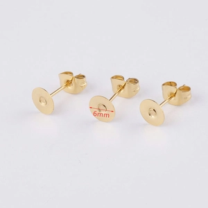 Golden stainless steel flat head earring posts with backings and 6mm base diameter