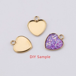 Golden heart-shaped stainless steel DIY jewelry pendants with purple stone inlay
