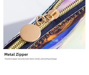 Macro shot of high-quality gold metal zipper on iridescent holographic shell makeup bag