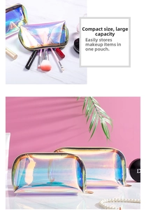 Macro detail of holographic iridescent cosmetic bag with metal zipper and TPU texture