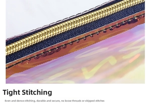 Detail of laser iridescent makeup bag featuring tight stitching and smooth metal zipper