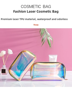 Iridescent TPU shell makeup bags with metallic zippers on a marble surface with shadows