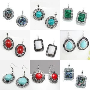 Bohemian Vintage Dangle Earrings For Women Alloy Synthetic Turquoise Abalone Shell Rhinestone Geometric Ethnic Style