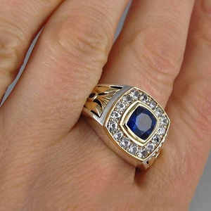Two-tone gold and silver ring for men with a square blue gemstone and white diamonds