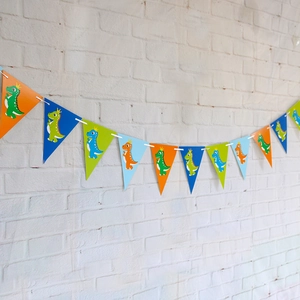 Colorful hanging triangle bunting flags with cute cartoon dinosaur crown patterns