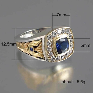 Two-tone silver and gold men's ring with square blue stone and white side crystals