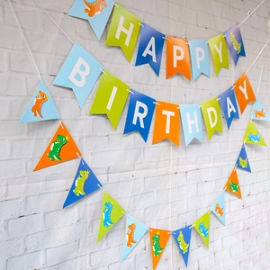 Dinosaur birthday banner with colorful cartoon flags for baby boy first year party decoration
