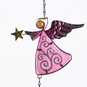 Pink glass angel wind chime with silver filigree wings and a golden star on white background
