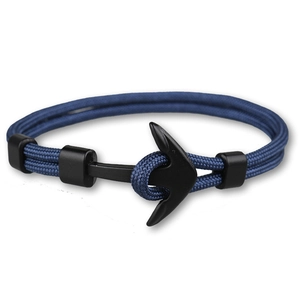 Bracelet tressé bleu marine pour homme avec fermoir ancre en métal noir mat
