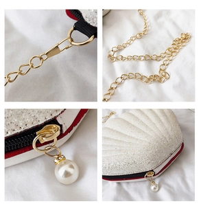 Detail shots of white sequined shell bag featuring golden chain and pearl charm