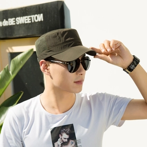 Detail of army green military cap with breathable mesh side panels and quick-dry fabric